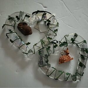 Glass Christmas Ornament Heart Shape with Deer and Rabbit Set of 2